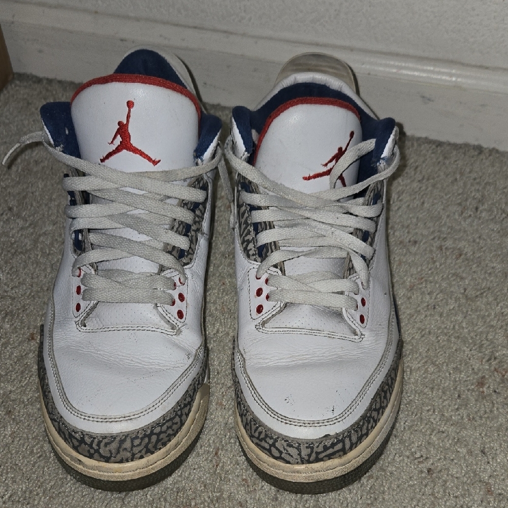 Jordan White and Blue Sneakers with Red Highlights